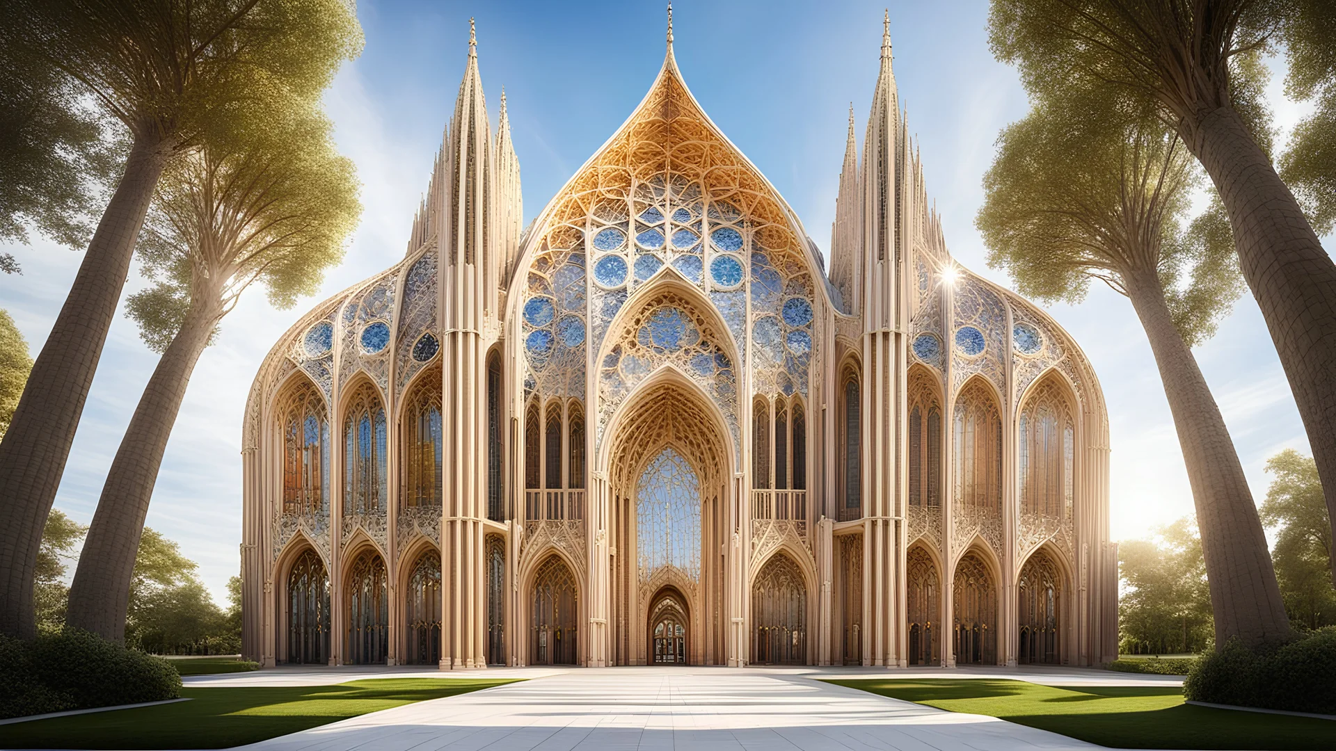 futuristic fantastic symmetrical cathedral external view in peaceful parkland, year 2160, sunshine, beautiful, colorful, totally symmetrical design, style Antoni Gaudí, style Shigeru Ban, innovative architecture, award-winning photograph, awesome, serene, inspiring, spiritual, impressive, Cinematic lighting, Epic composition, Photorealism, Very high detail, Unreal Engine, Octane render, HDR