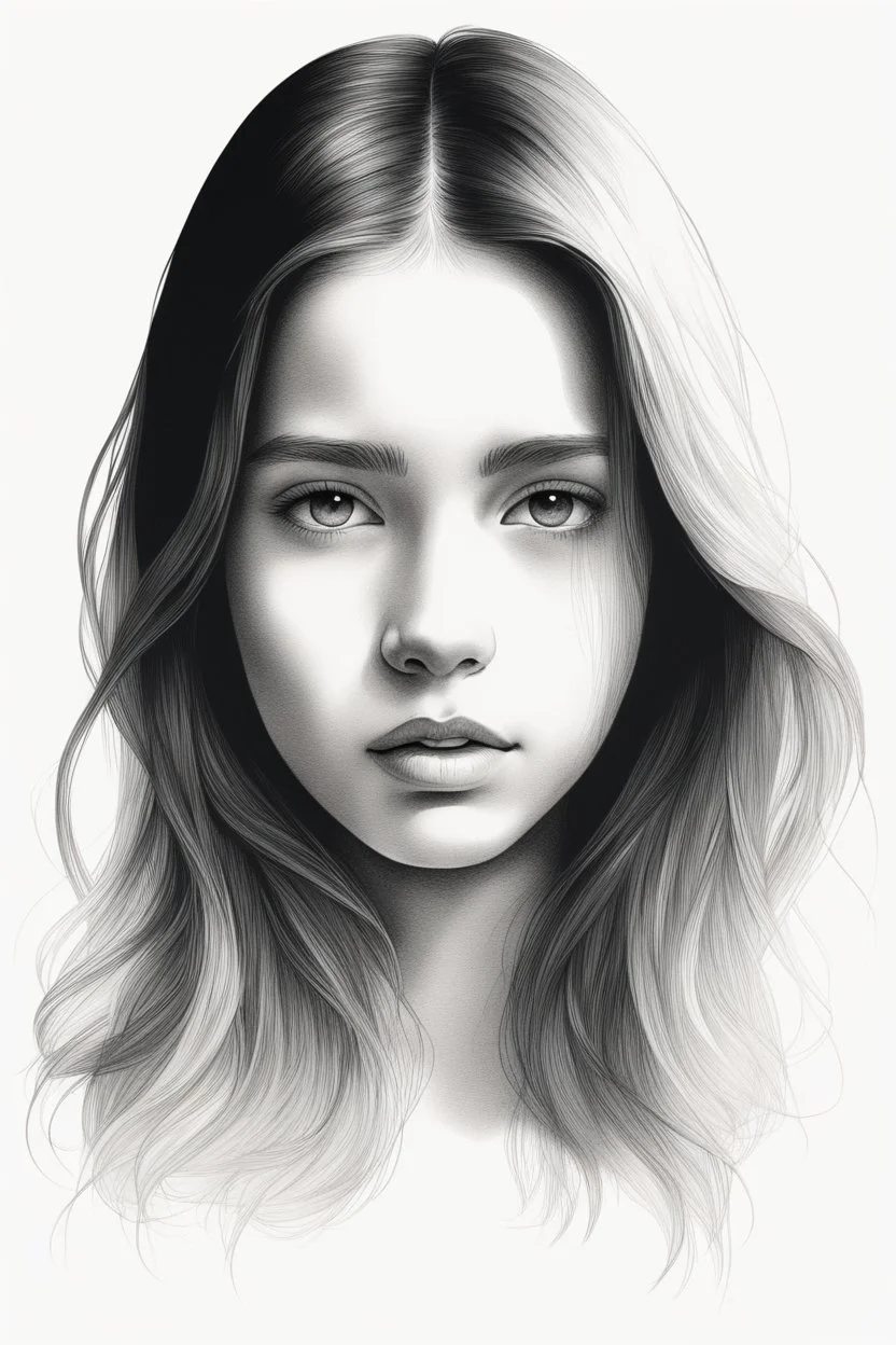 A realistic drawing in negative space black ink on white background of a beautiful front view of a young girl with clear white face, all picture is bright white. With long hair