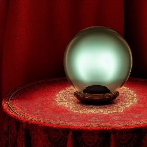 large, ornate, fog-filled crystal ball on bronze stand on embroidered red tablecloth, flickering light, 8k resolution, high-quality, fine-detail, intricate, digital art, detailed matte, volumetric lighting, illustration, octane render, George Grie, Ben Goossens, Igor Morski, brian froud, howard lyon, selina french, anna dittmann