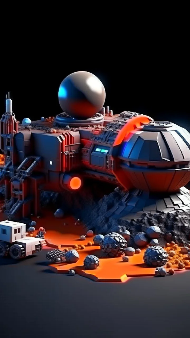 asteroid mining construction with big machine and a rocket base with ufo and red planet