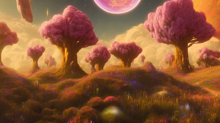 red and gold crystal cosmic and galactic ambiance hill sky sunny flowers trees futuristic landscape, full of details, smooth, bright sunshine，soft light atmosphere, light effect，vaporwave colorful, concept art, smooth, extremely sharp detail, finely tuned detail, ultra high definition, 8 k, unreal engine 5, ultra sharp focus