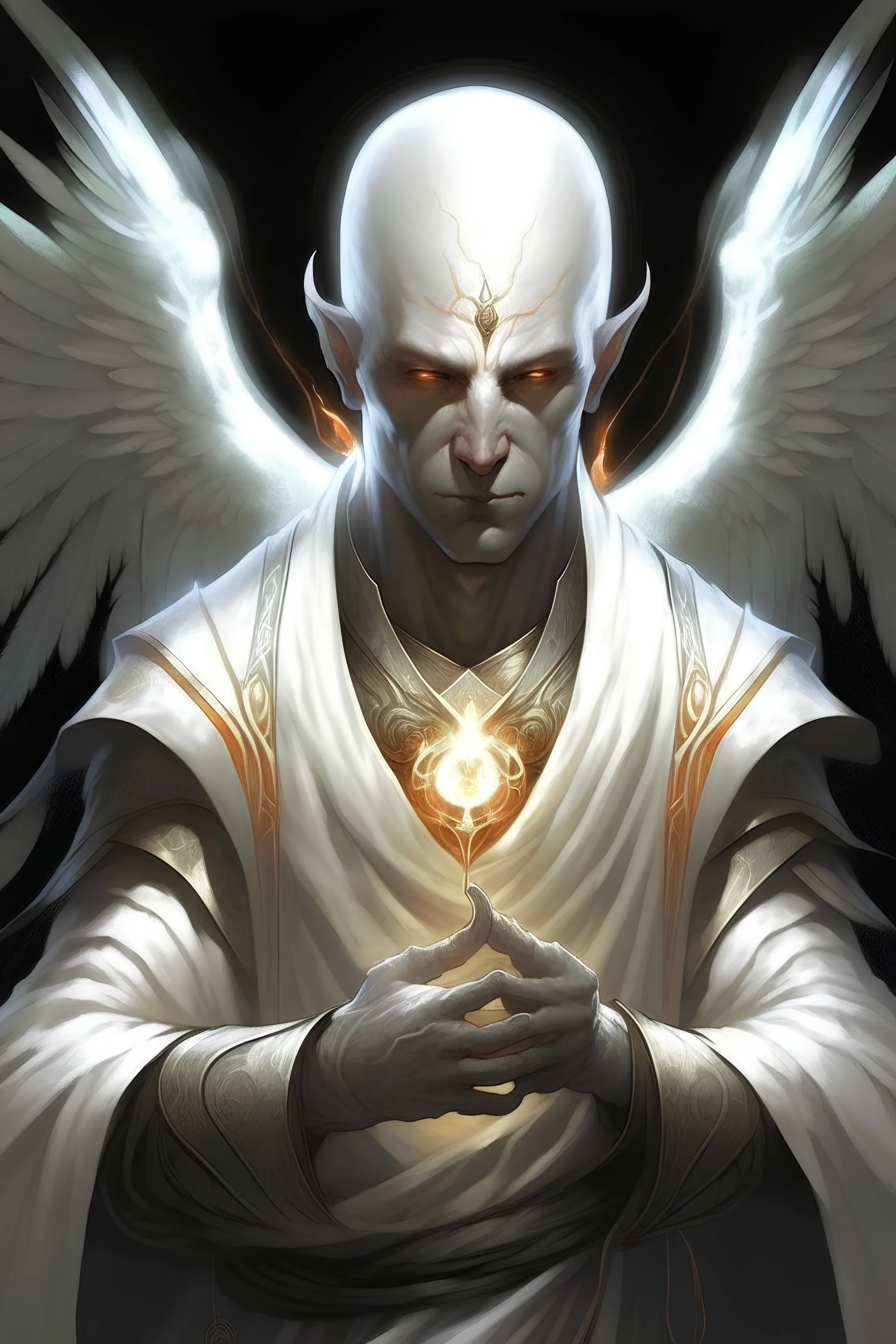 A holy monk who has glowing white wings and glowing white body markings and is a good guy and has a full head of hair