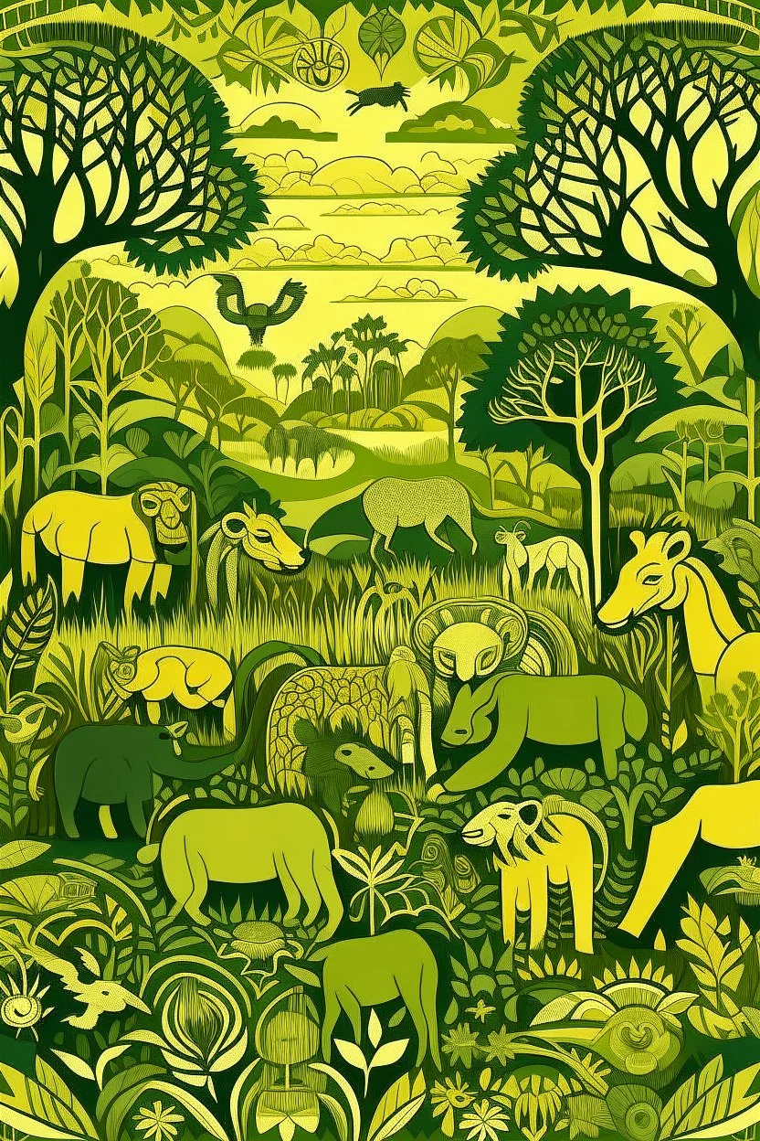 A yellowish green savanna filled with animals designed in African masks