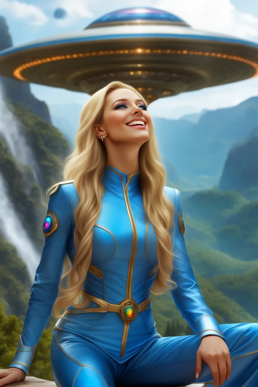 cosmic woman smile,beautiful,ufos rainbow, admiral from the future, galactic confédération, fine whole face, crystalline skin, expressive blue eyes,rainbow, smiling lips, very nice smile, costume pleiadian, Beautiful tall woman pleiadian Galactic commander, ship, perfect datailed golden galactic suit, high rank, long blond hair, hand whit five perfect detailed finger, amazing big blue eyes, smilling mouth, high drfinition lips, cosmic happiness, bright colors, blue, pink, gold, jewels, realist,