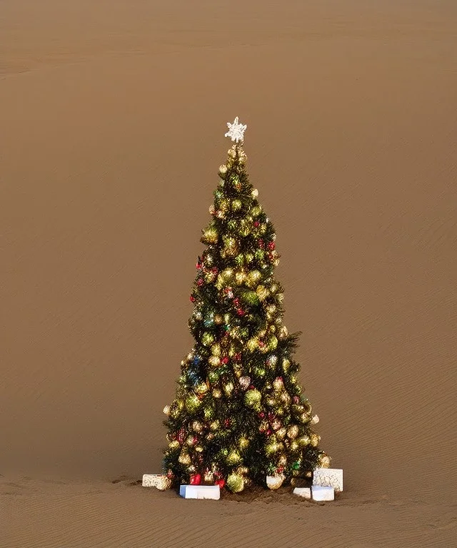 sandy festive Christmas tree in a vast desert with dunes
