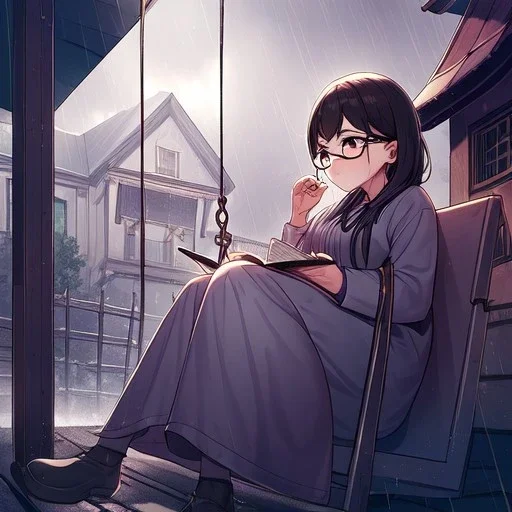 anime girl sitting on a porch swing of an old house, journaling, wearing pajamas, writing in a book, shes watching it rain, more detail on hands and her face,shes deep in her thoughts, wearing glasses, rain drops, she has a pencil in her hand and is writning in the book, she is looking down at what she is writing