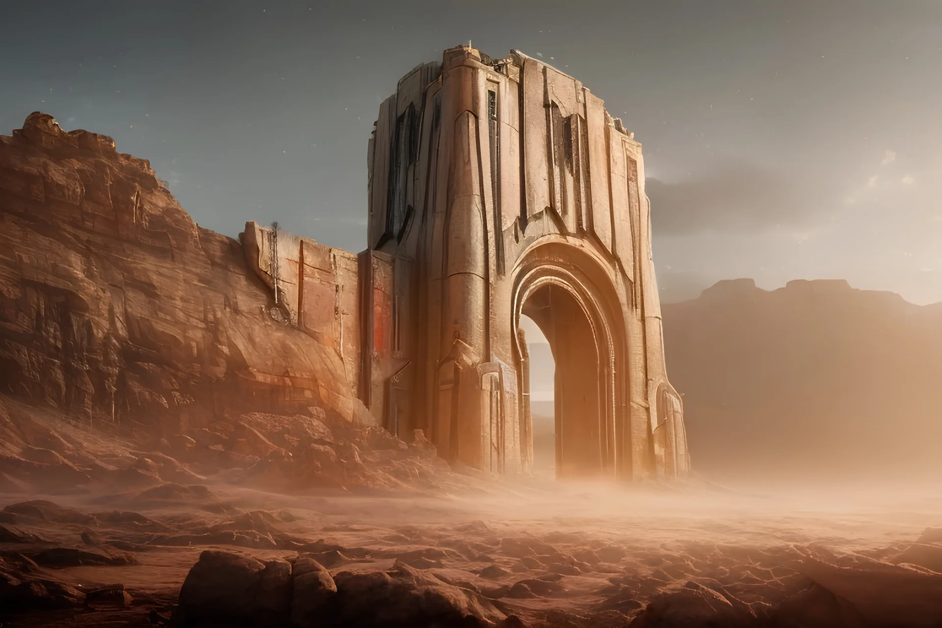 realistic and detailed concept art of a huge technological gate similar to an anti-atomic vault door nestled at the base of a mountain complex, desert, high quality, high resolution, detailed, 4K