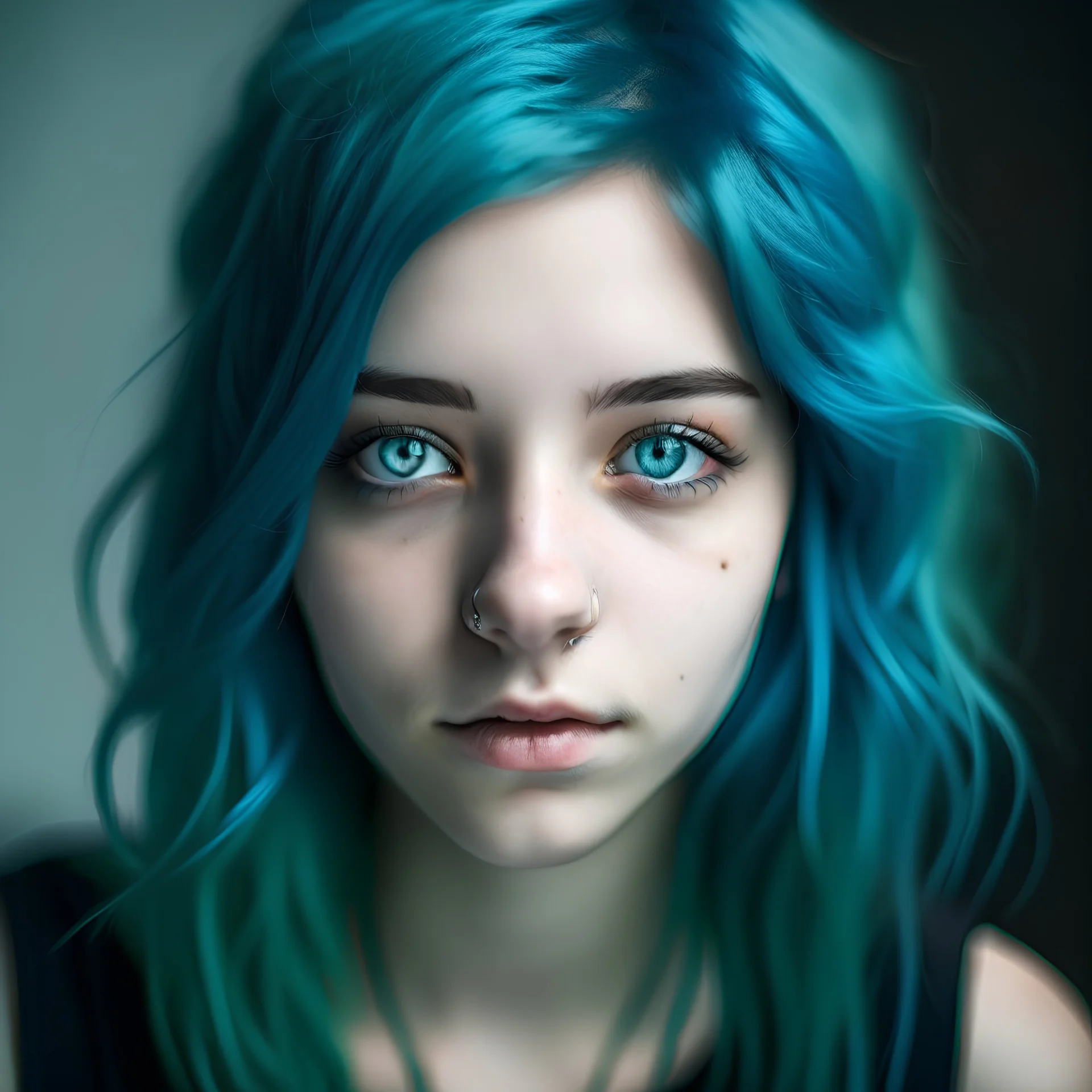 A portrait of a 16 years old girl. She has got turquoise hair and dark blue eyes.