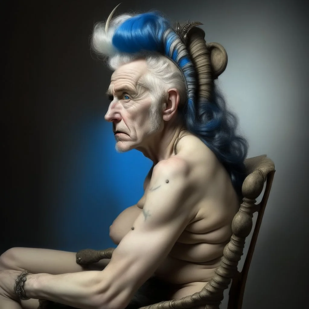 a detailed portrait of old man with a extravagant blue mohawk by edouard bisson, punk rock, oil painting, muted colors, soft lighting