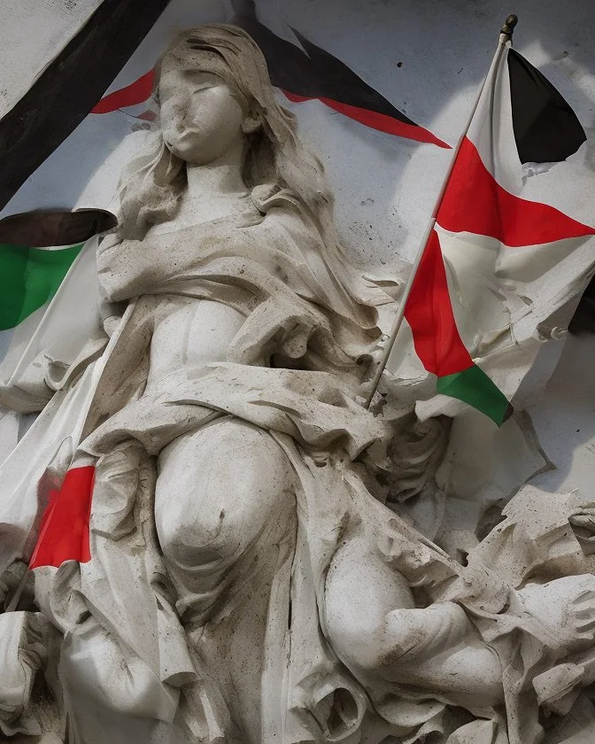 Escultura de muchos niños muertos por una bomba, bandera de palestina,en marmol blanco calidad ultra, hiperdetallado, obra de arte, 8k 3D