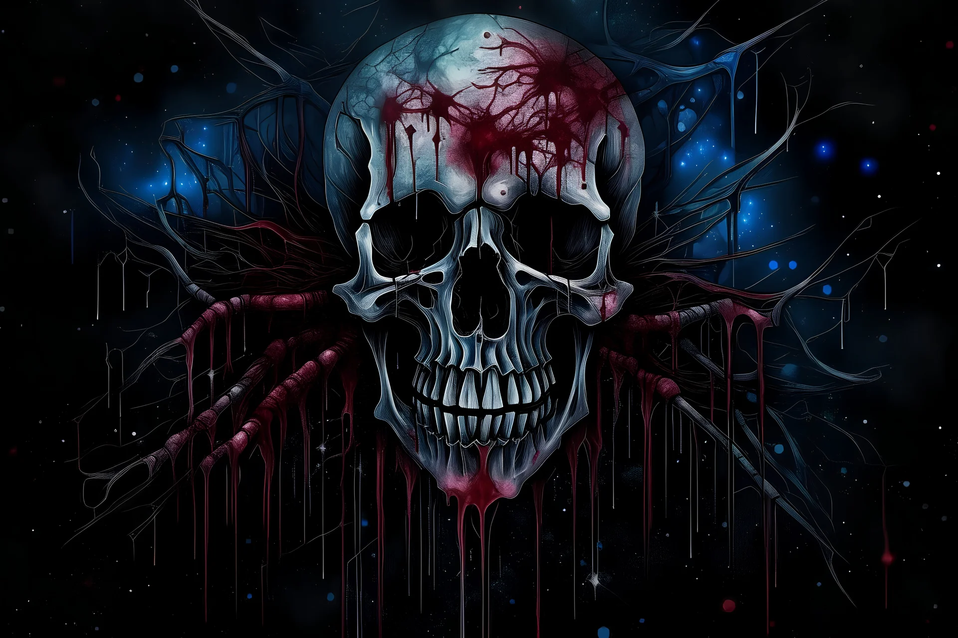existential horror, nightmare, dripping blood, galaxy interwoven with frayed and shattered dna strands, horror skull