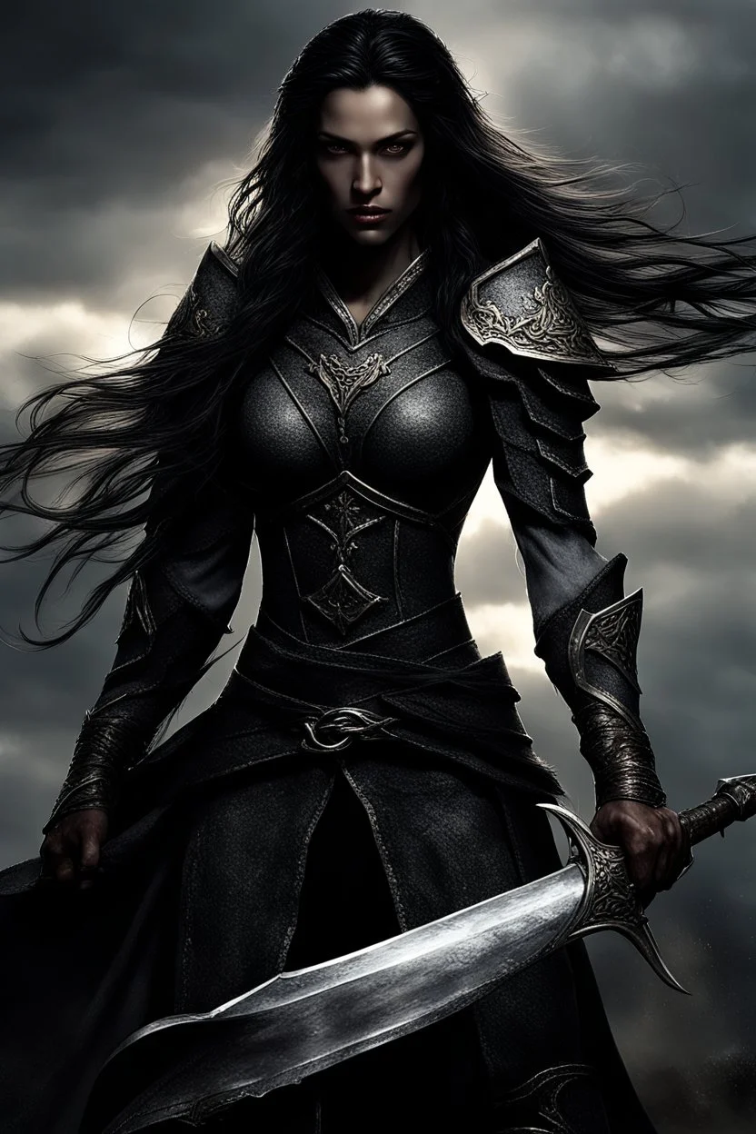 SA female elf with skin the color of storm clouds, deep grey, stands ready for battle. Her long black hair flows behind her like a shadow, while her eyes gleam with a fierce silver light. Despite the grim set of her mouth, there's a undeniable beauty in her fierce countenance. She's been in a fight, evidenced by the ragged state of her leather armor and the red cape that's seen better days, edges frayed and torn. In her hands, she grips two daggers, add dark shadow mystic purple flames