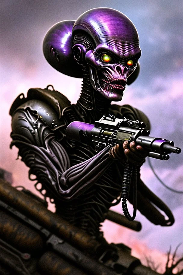 an epic 12k,ultra high definition , digital photo of a scary looking alien, purple colored alien, angy and rising from the ashes, a war veteran, army beret , captain rank, ripped and torn ammo clothing, chaotic fiery and dust background, dramatic close-up action shot of him behind the machine hand gun on the burned out war tanker,gothic and sinister