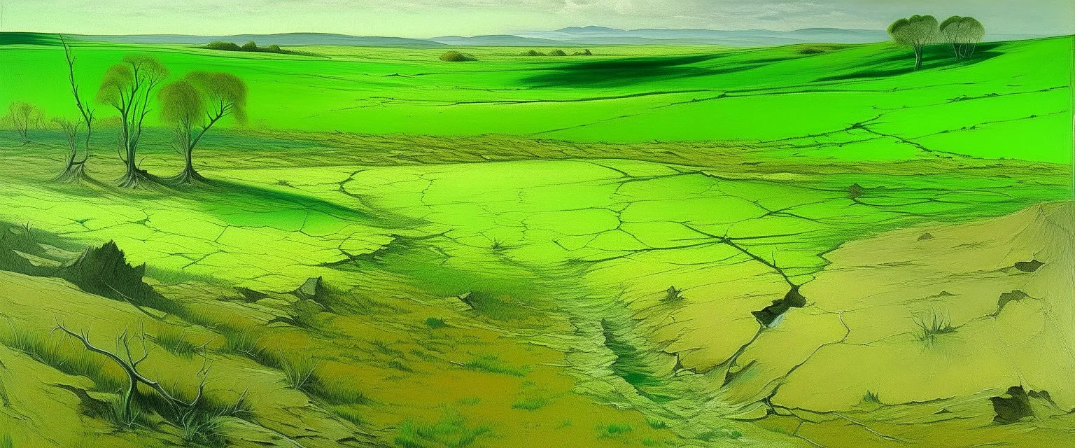 A lime green arid wasteland with cracked grounds painted by Edgar Degas