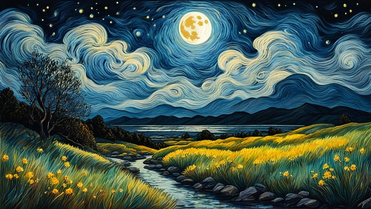 landscape, dark night, fullmoon and stars, over many clouds, clouds, no fieds, no grasss beautiful artwork, vibrant colors, 4k, high quality, high detailed, whiteness background. van gogh influence