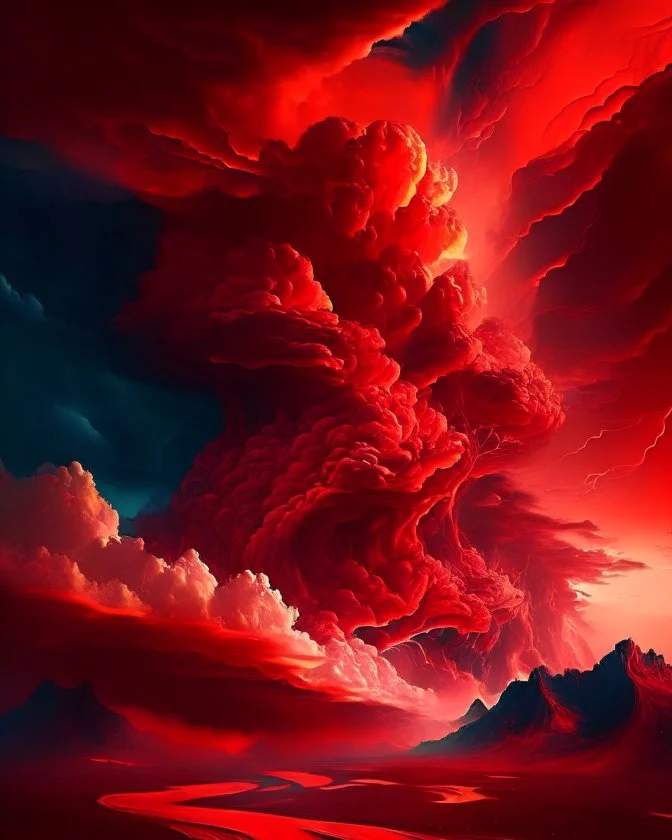 Phantasy landscape with dramatic cloud in fiery red color