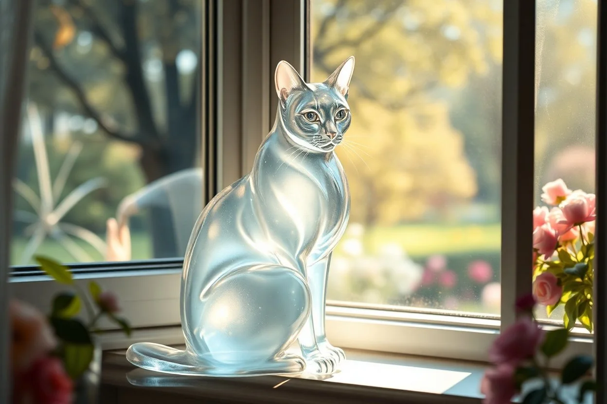 create a surreal 16:9 image of a translucent glass-like cat sitting on a windowsill. The cat has the form of a delicate crystal sculpture, and its surface refracts the light from the outside world. Through the window is a dreamy impressionist garden scene in the style of Renoir: soft trees, flowers, warm light. The cat’s transparent body glows with broken colors and painterly reflections from the landscape. Light and form melt into each other, highly poetic, ethereal and elegant --v 7 --style ra