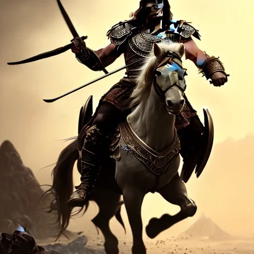 conan the barbarian as a conquistador riding a horse, uhd, 8k resolution, epic, realistic Epic cinematic brilliant stunning intricate meticulously detailed dramatic atmospheric maximalist digital matte painting, deep color, fantastical, intricate detail, splash screen, complementary colors, fantasy concept art, 8k resolution trending on Artstation Unreal Engine 5