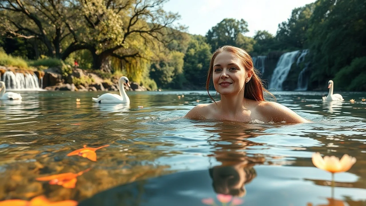 very beautifu lady is Breaststroke swimming in a beautiful river in country side with water falls and big tree,wild flowers and, swans pertty coloful fishes in river ,a pretty وbutterflies around flowers,heaven escape,