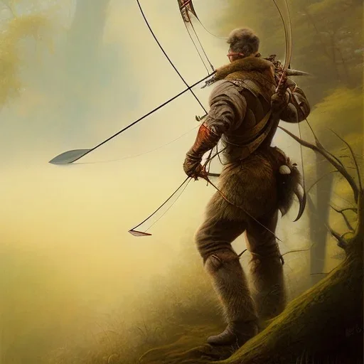 frank frazetta style, hunter with bow and arrow, forest in the distance