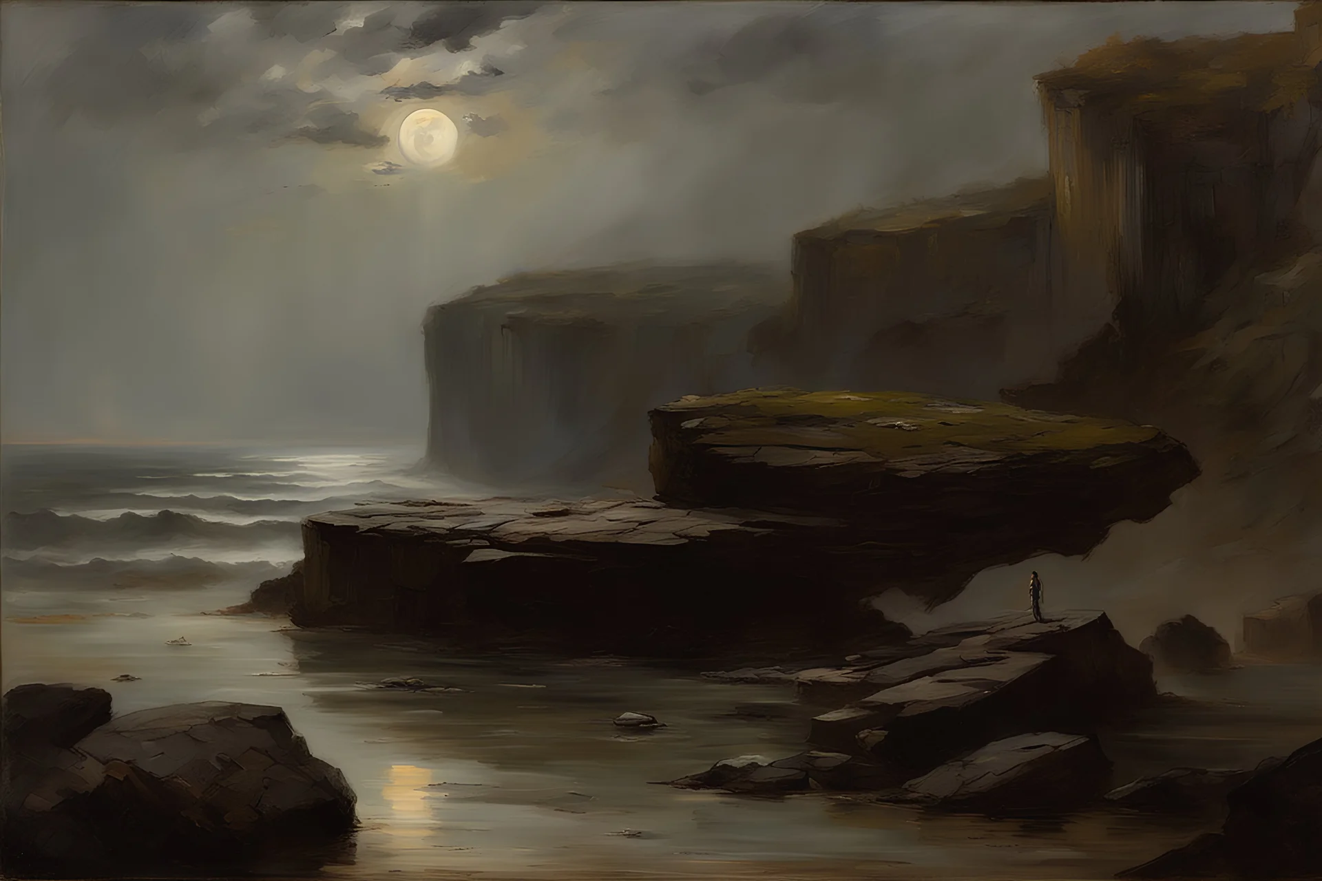 grey sky with planet in the horizon, epic, sci-fi, cliffs, rocky land, puddle, epic, friedrich eckenfelder and alfred stevens impressionism pa