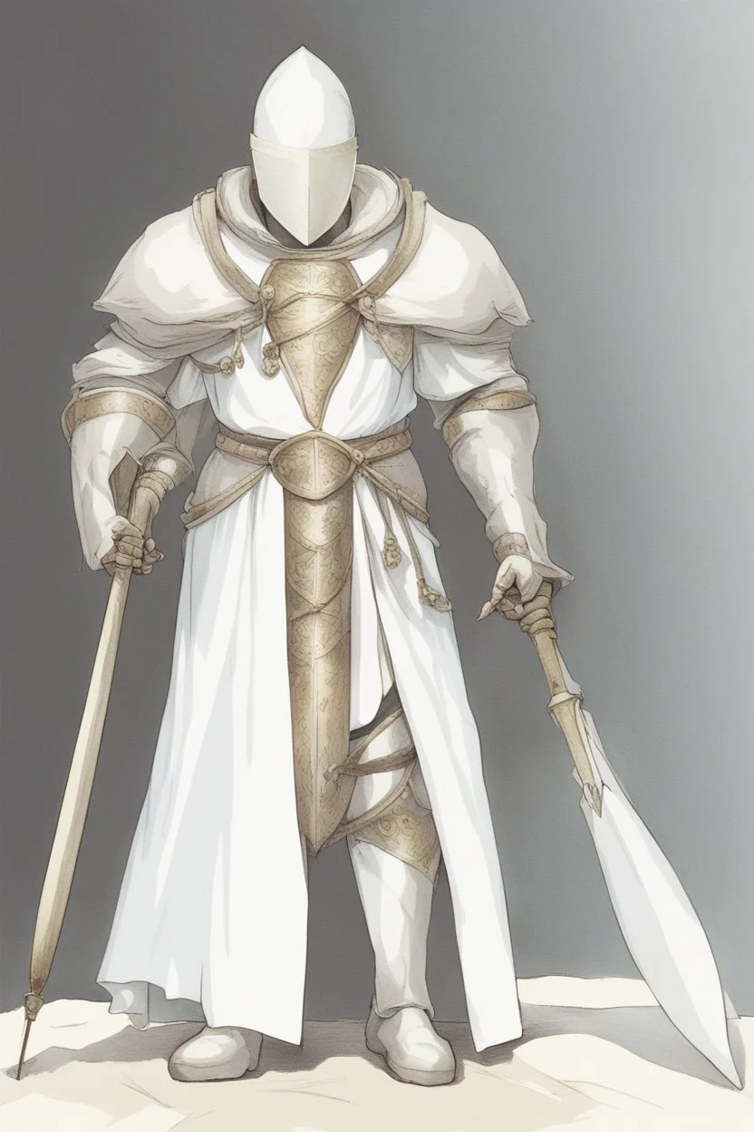 Knight wearing white robes and white cape with white face mask, holding a spear