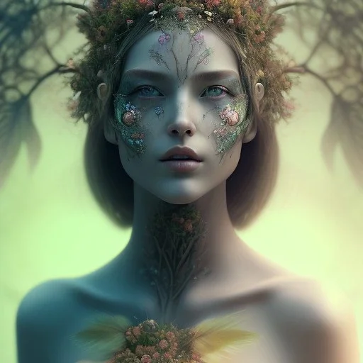 Portrait of beautiful girl, face dept of field,face shining, plant, metal, feathers, Dryad, fae, sidhe, ominous, nature, plants, wildflower sparkle,wildflower 3d view, facepaint, dnd character portrait, intricate, oil on canvas, masterpiece, expert, insanely detailed, 4k resolution, retroanime style, cute big circular reflective eyes, cinematic smooth, intricate detail , soft smooth lighting, soft pastel colors, painted Renaissance style,sharp fucus, bokeh,macro lens, 1500mm lens