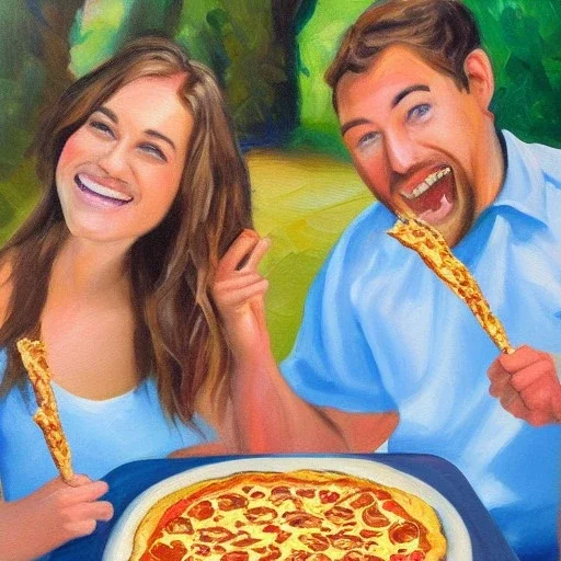 Two happy men and one happy woman eating pretzel pizza,oil painting