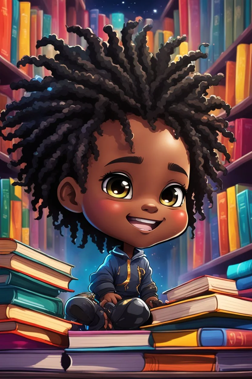 A sassy futurism ABSTRACT colorful art cartoon black chibi BOY LOOKING DOWN, surrounded by colorful BOOKS. Looking up coyly, she grins widely, showing her Teeth. Highly detailed black shiny dread locs , regal expression.