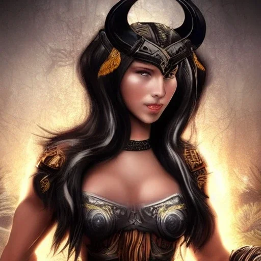 body amazon viking woman godess beauty forest snow black hair fighter