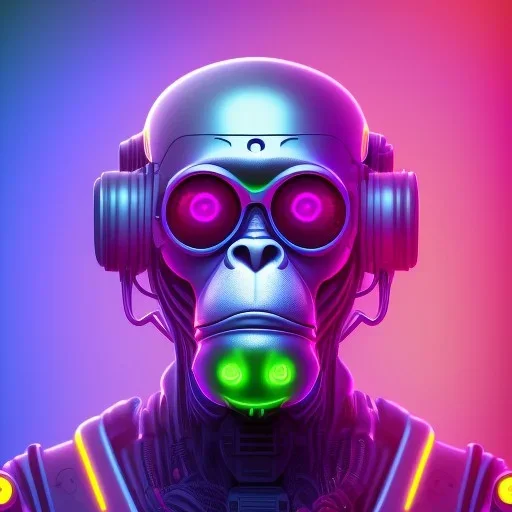 A beautiful portrait of a cyborg monkey purple neon color scheme, high key lighting, volumetric light high details psychedelic background