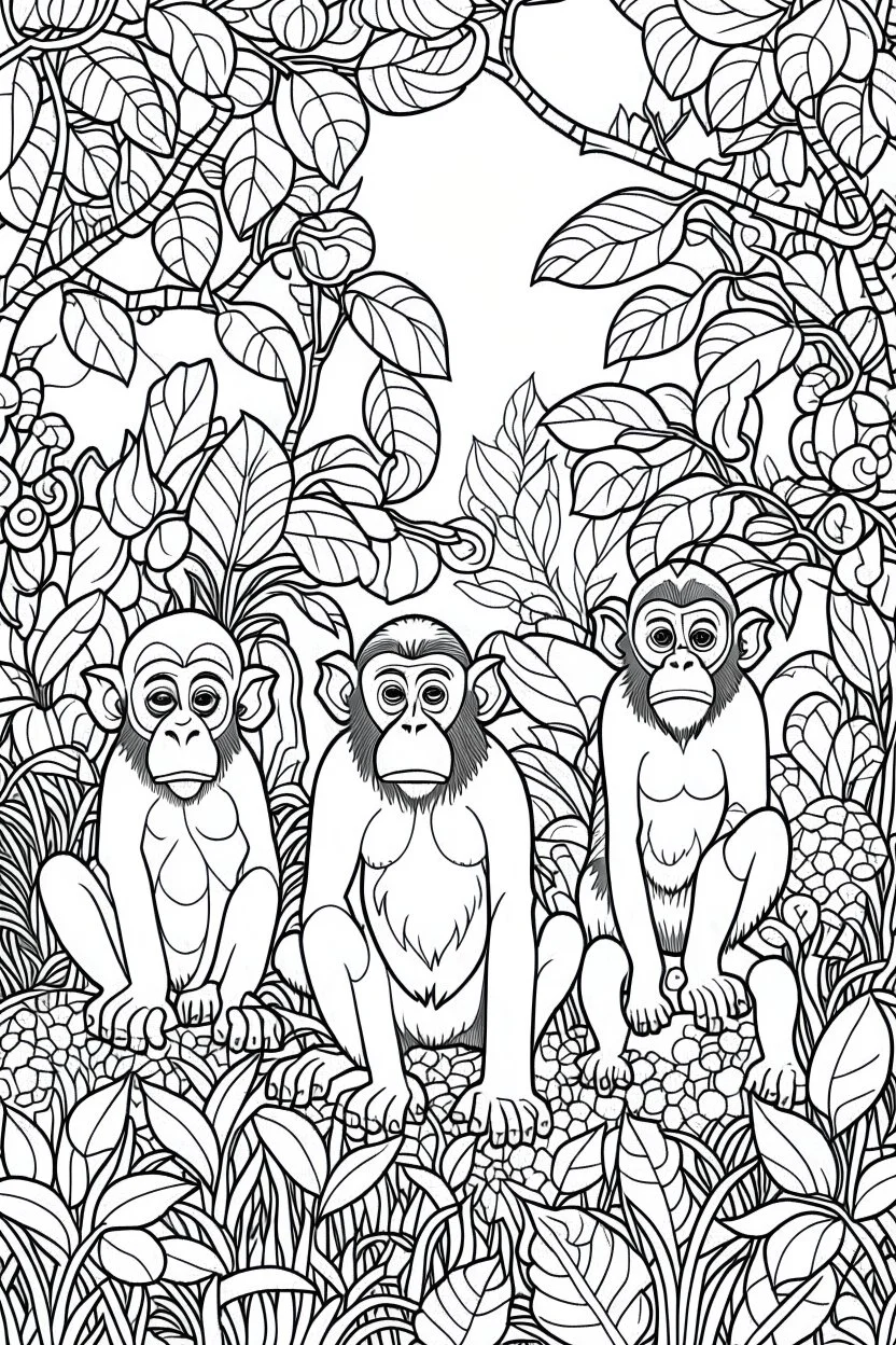 Outline art, no shading, monkeys full body in the garden, cartoon style, black and white, low detail, --ar 9:11