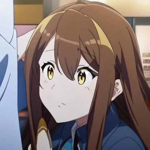 Clear focus, High resolution,a anime teenager, roughline skecth, cute, cartoony style, anime screencap, brown long hair, yellow eyes, 1 yellow streak in hair