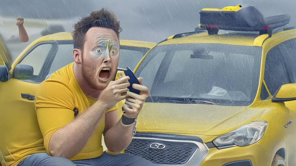 guy in hurricane arguing on cellphone next to his half lemon half kia sportage