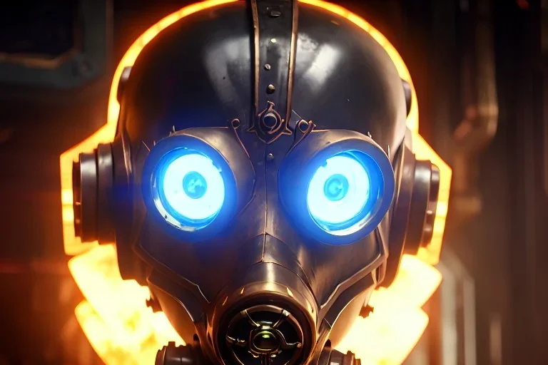 Gasmask steampunk portrait of a robot cyborg in a cyberpunk mask a steel helmet on his head glowing eyes