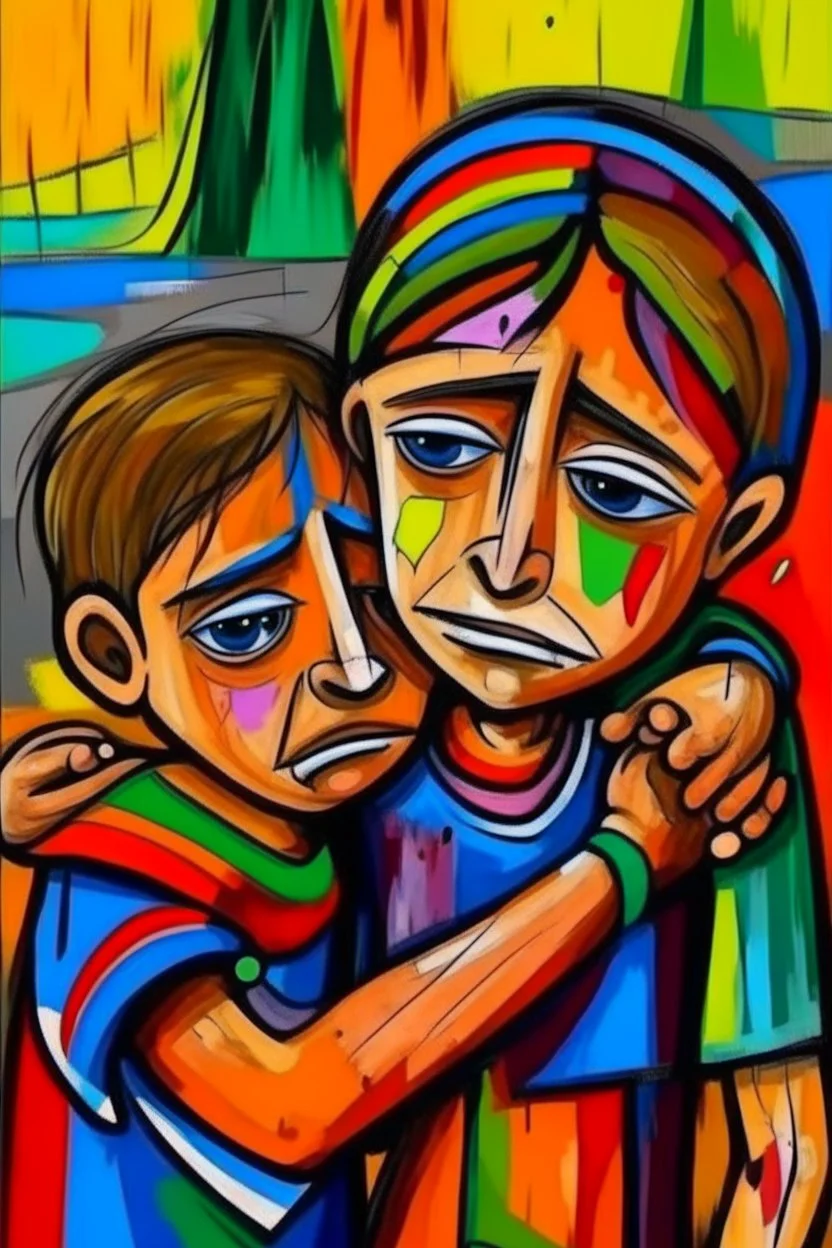 a girl hug her brother and both crying sadly, expressionism, Pixar style, in abstract art Basquiat, Picasso, Miro, Kandinsky, Klee, Birell, Fairey, Ardon, Buffet and Picasso style, HD --s 750 --v 5.1 --style raw, water color