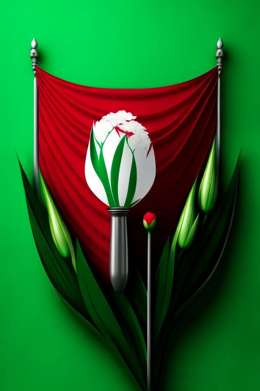 The flag of the Islamic Republic of Iran with red tulips