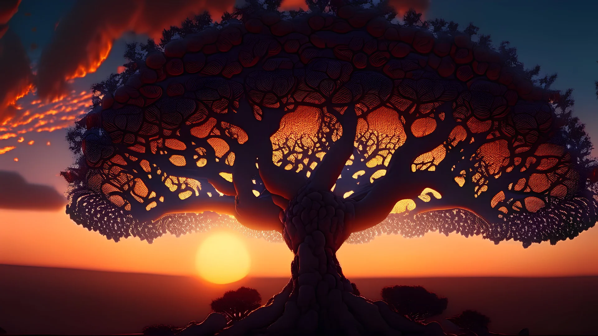 precise fine detailed mandelbrot style of a sunset. AMAZE ME. Cinematic lighting, 8K . tree of life.