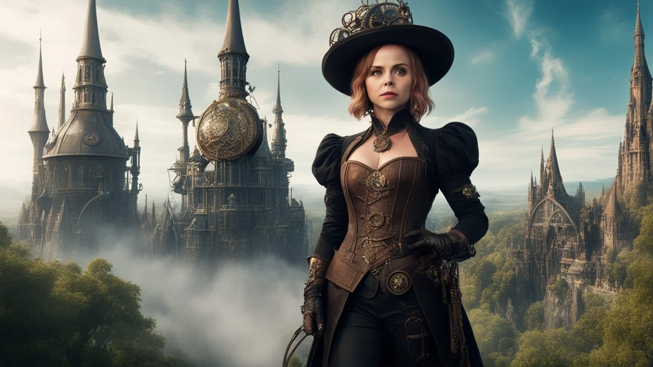 full-height photo of christina Ricci in a steam punk outfit in a fantasy world with spires and trees