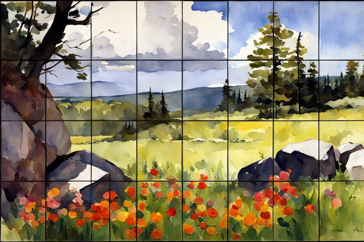 Sunny day, clouds, flowers, rocks, trees, distant mountains, spring, sci-fi, fantasy, winslow homer watercolor paintings