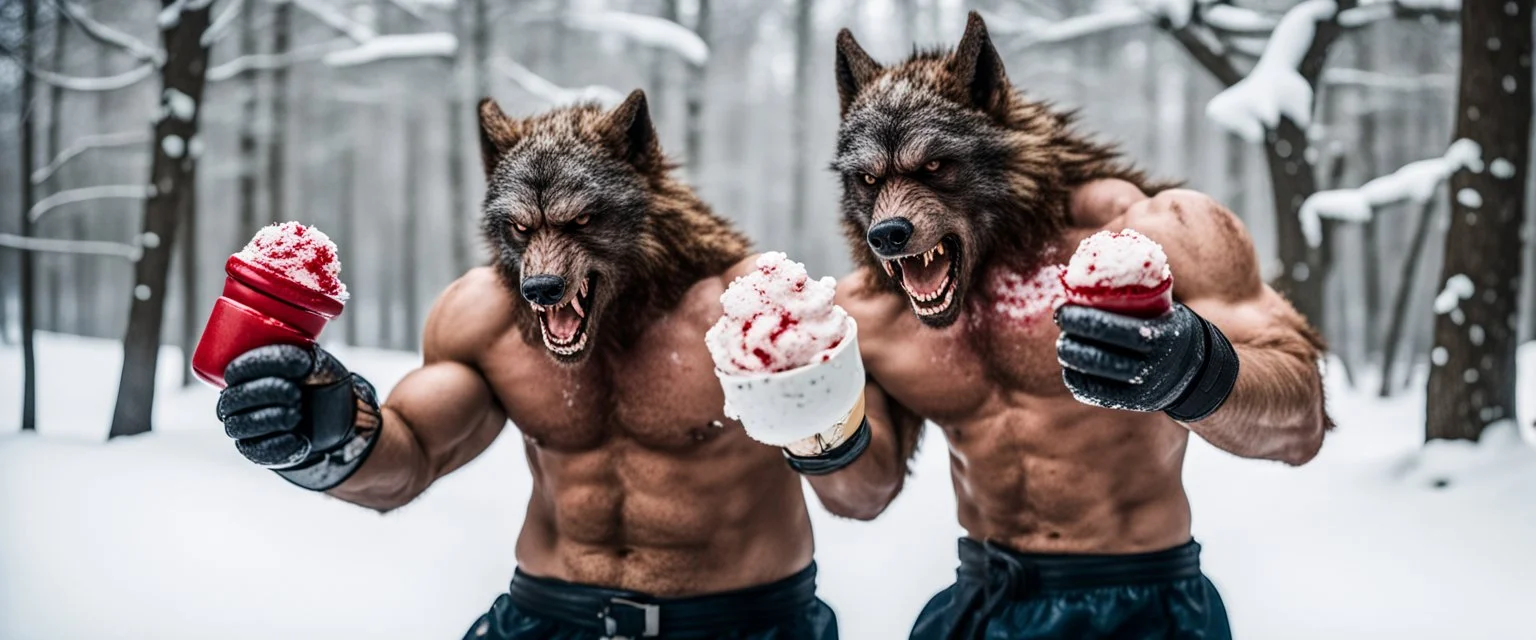 photo shoot of self aware werewolf boxing with ice cream and snow