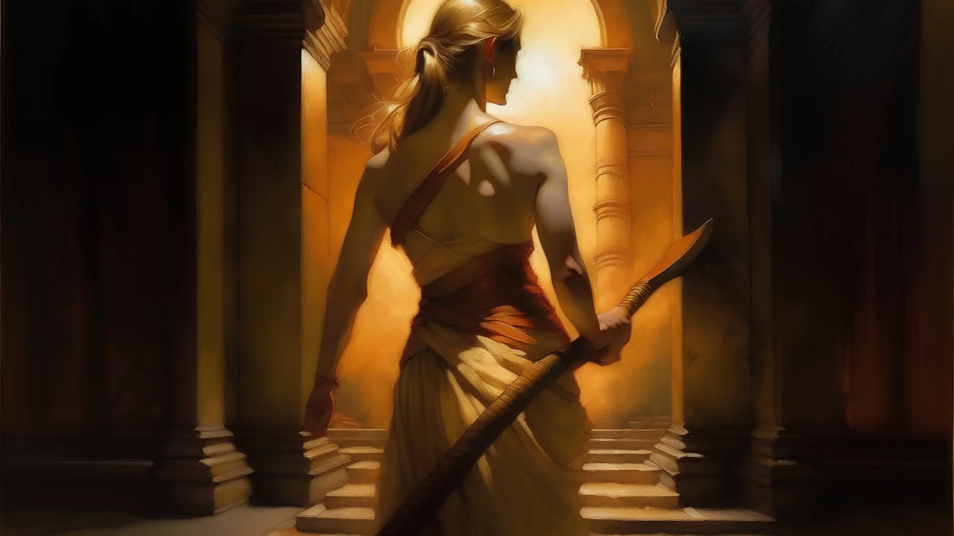 Realistic oil painting of a woman's backside, accentuated by the glow of an aureole behind her, holding an axe in one hand and standing in front of the ancient city of Babylon. Inspired by the works of John Singer Sargent and Albrecht Dürer, this highly detailed piece captures both sensuality and power. The use of warm colors and soft lighting adds to the realism and depth in this portrait. A true masterpiece for any art collector or enthu