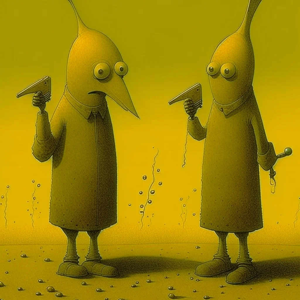 Style by Pawel Kuczynski and Squeak Carnwath and Zdzislaw Beksinski, dramatic '70s nightmare ultra sinister underground cartoon, shy anthropomorphic weirdling peanut men carring guns,