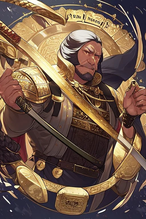 A handsome 30 year old man, black hair, male bob haircut, in black-and-gold plate armor, golden katana in both hands, no beard