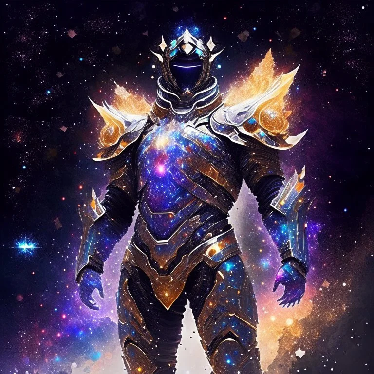 A battle suit made of galaxies and stars with a glove that has seven endless stones Battle armor from the extract of galaxies Battle armor from the extract of galaxies with a fiery sword ,God-like man with infinite power who owns the galaxies and wears a beautiful crown