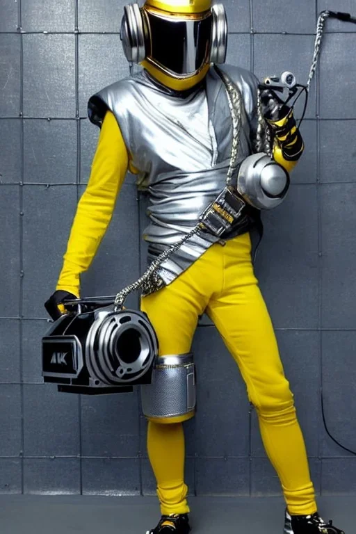 Metallic Cyber-punk style man with a web-camera-mask and old AKG-style headphones with golden rings. Fencing mask covers man's cheeks. Good body shape. Reflective plastic. Body and head full of integrated old-fashioned cameras. Ancient silver telephone attached. perfect body. Euclidean 3D-tiling, Escher tiling, background. Cables from shoulder, connect. Daft Punk, Matrix movie black leather jacket, tippet. Yellow latex areas in black leather surfaces body. 1990's. Porsche-Trypophobia