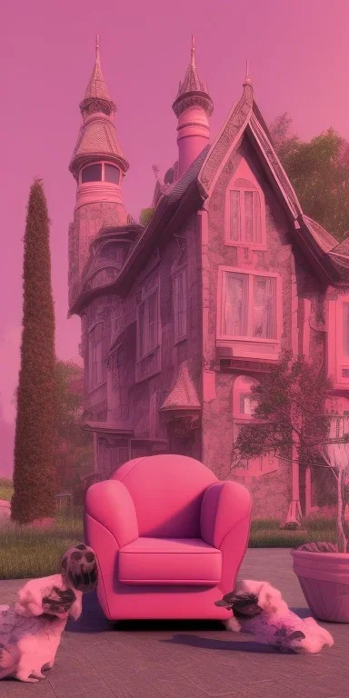 Snoop dogg. a chair. pink houses, pink sky, pink smoke, trees, outdoors.