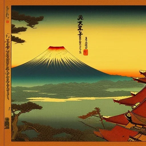 Ukiyo-e Style , mount fuji, sun