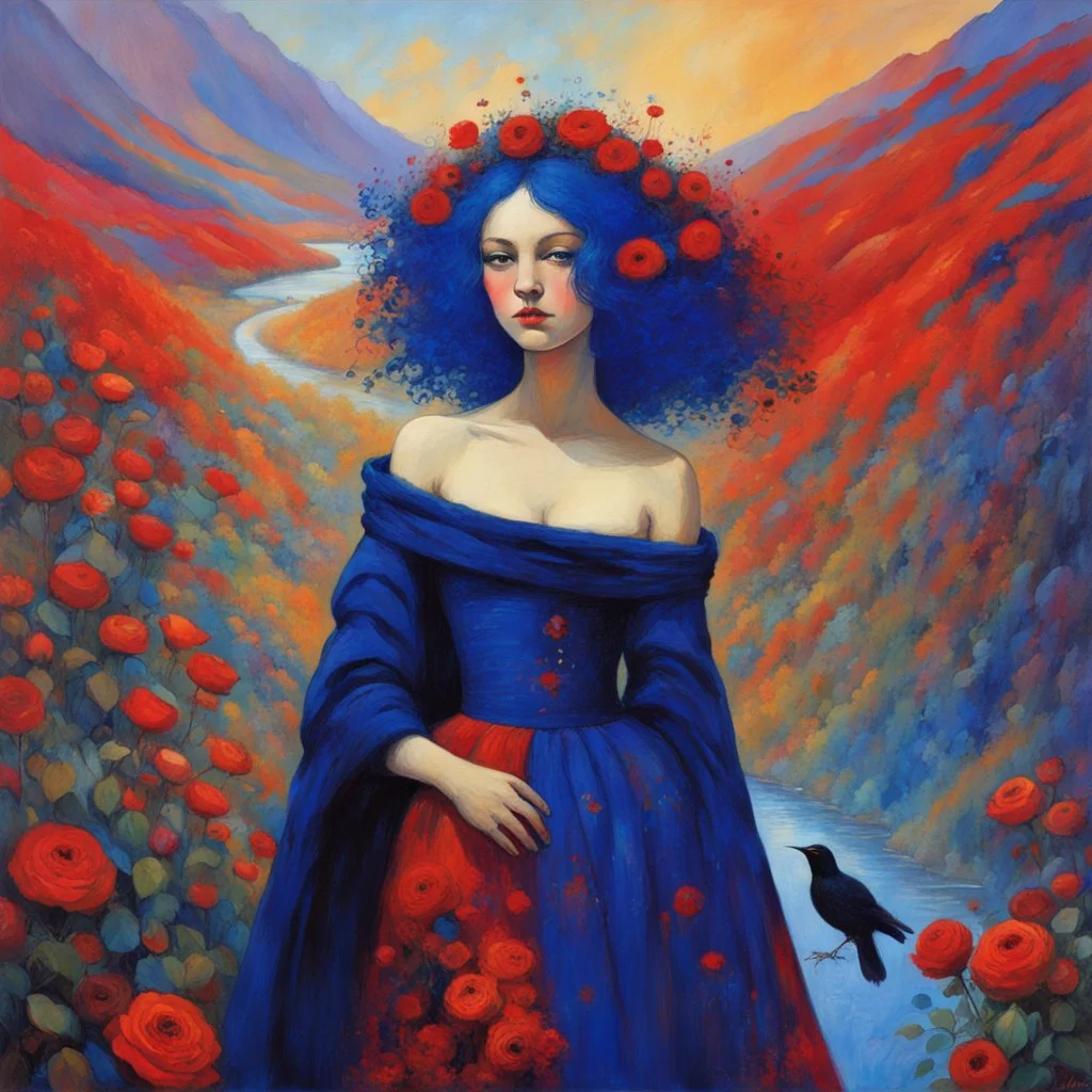 Art by Alice Rahon, Richard Burlet, Odilon Redon, Raymond Swanland, Andrey Remnev, Conrad Roset; Rebellious ravishing girl Rachel, regal in royal blue and ribuli, roaming through the radiant realm of the rainbow river valley with her ruby colored hair, meets a rare raven in a rolling hills of resplendent roses and rustling reeds, under a riotous reflective hues sky.