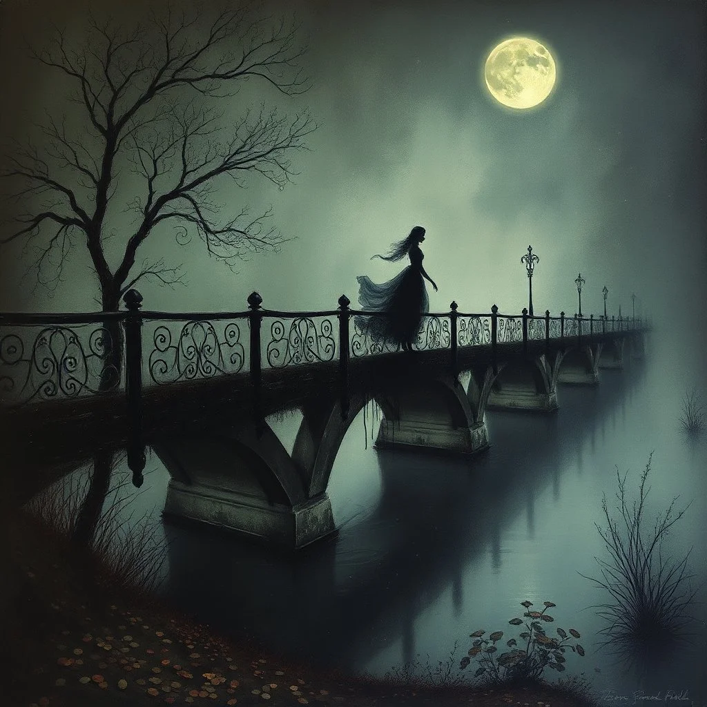 THE GHOST IS STILL DANCING AT NIGHT ON THE OLD COUNTRY BRIDGE. . Leonor Fini. Fiona Staples